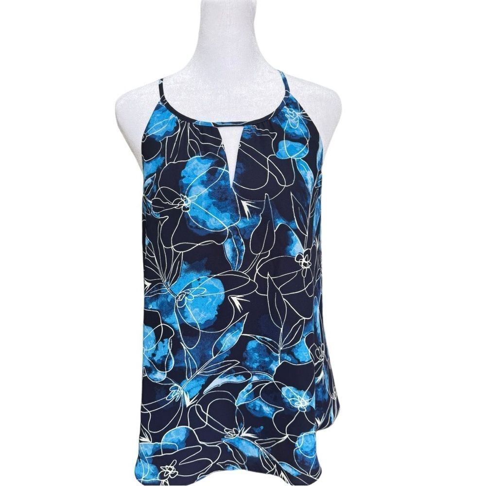 RW&Co. Sleeveless Flowy Blue Floral Print Halter Neck Top Blouse. Medium.